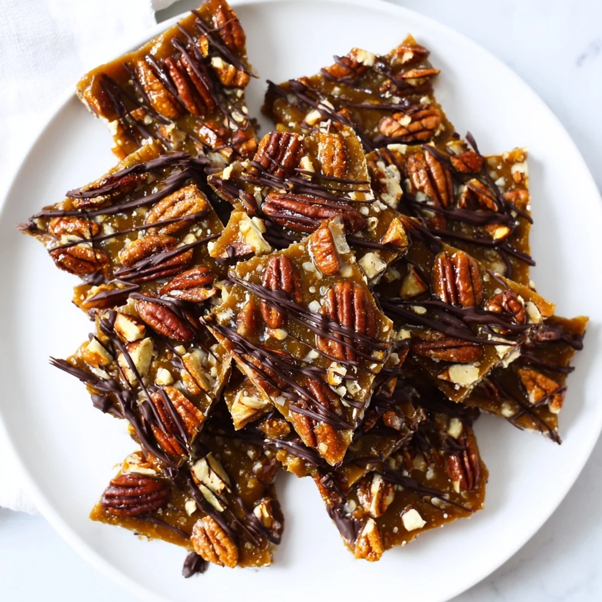 Crunchy pecan pie bark broken into rustic pieces on a parchment-lined sheet