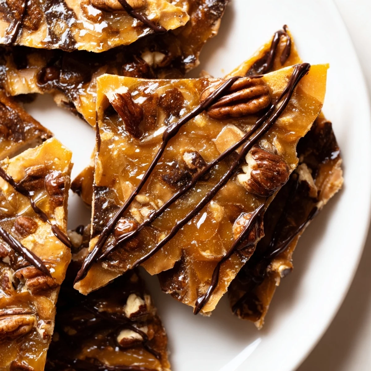 Buttery pecan pie bark studded with toasted nuts and a glossy finish