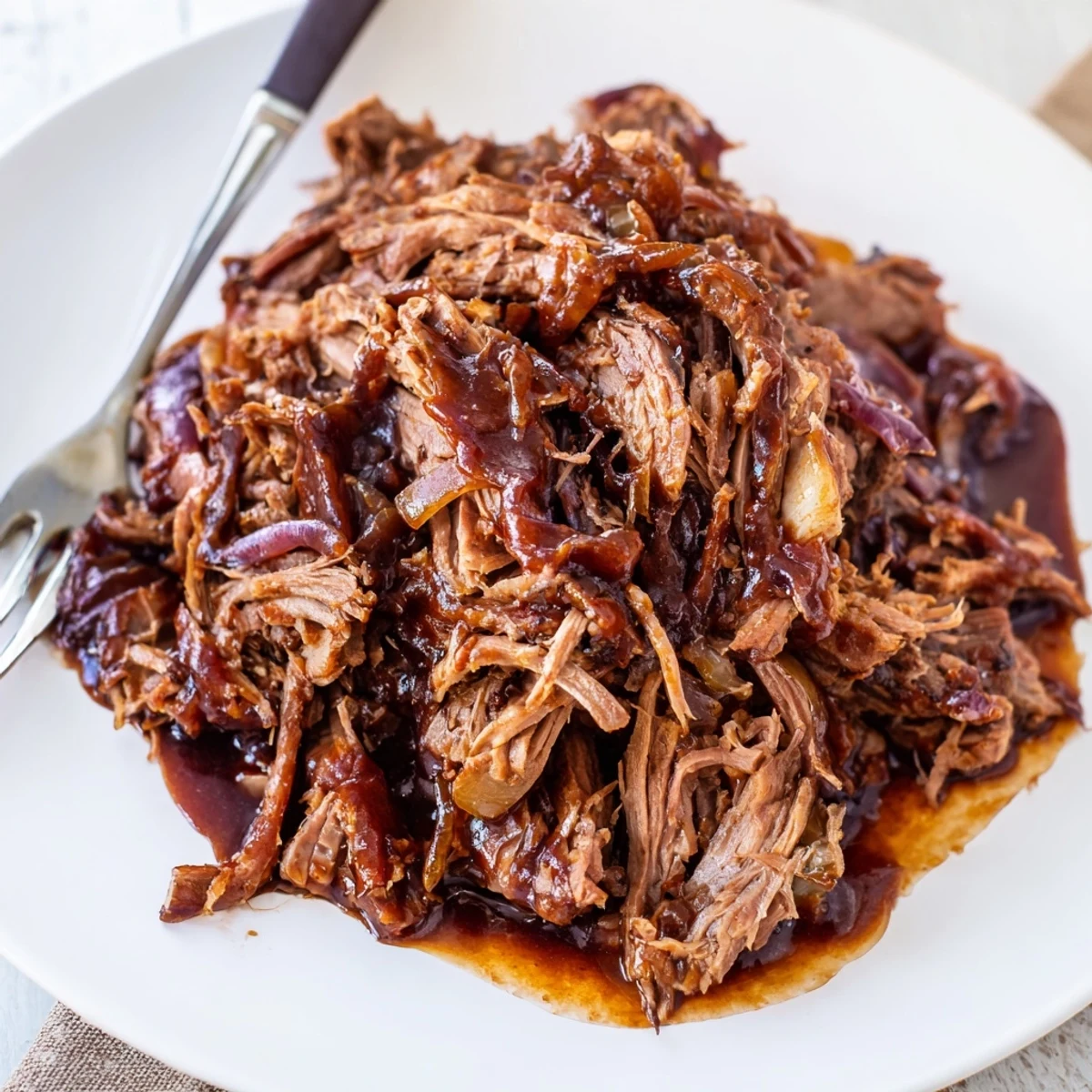 Slow Cooker BBQ Pulled Beef piled high on a toasted hamburger bun with creamy coleslaw