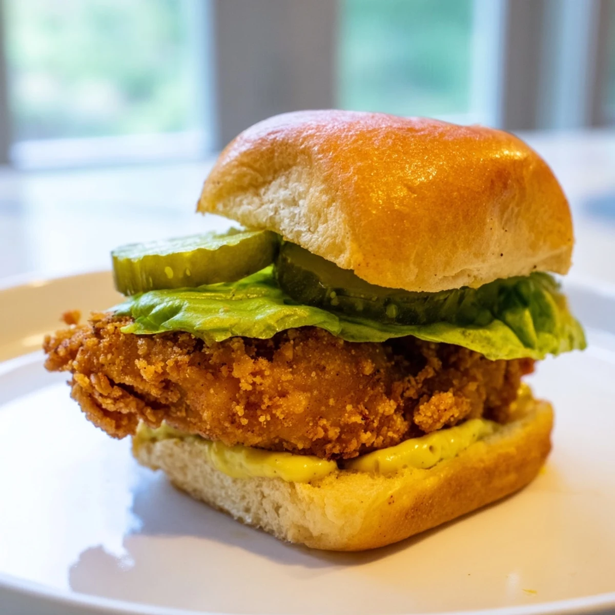 Juicy pickle brined fried chicken sliders drizzled with creamy mustard mayo on toasted buns