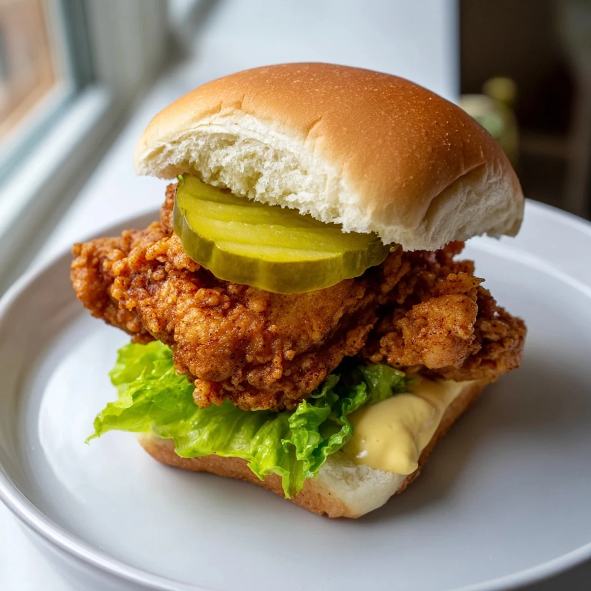 Crispy golden pickle brined fried chicken sliders stacked on soft buns with tangy pickles