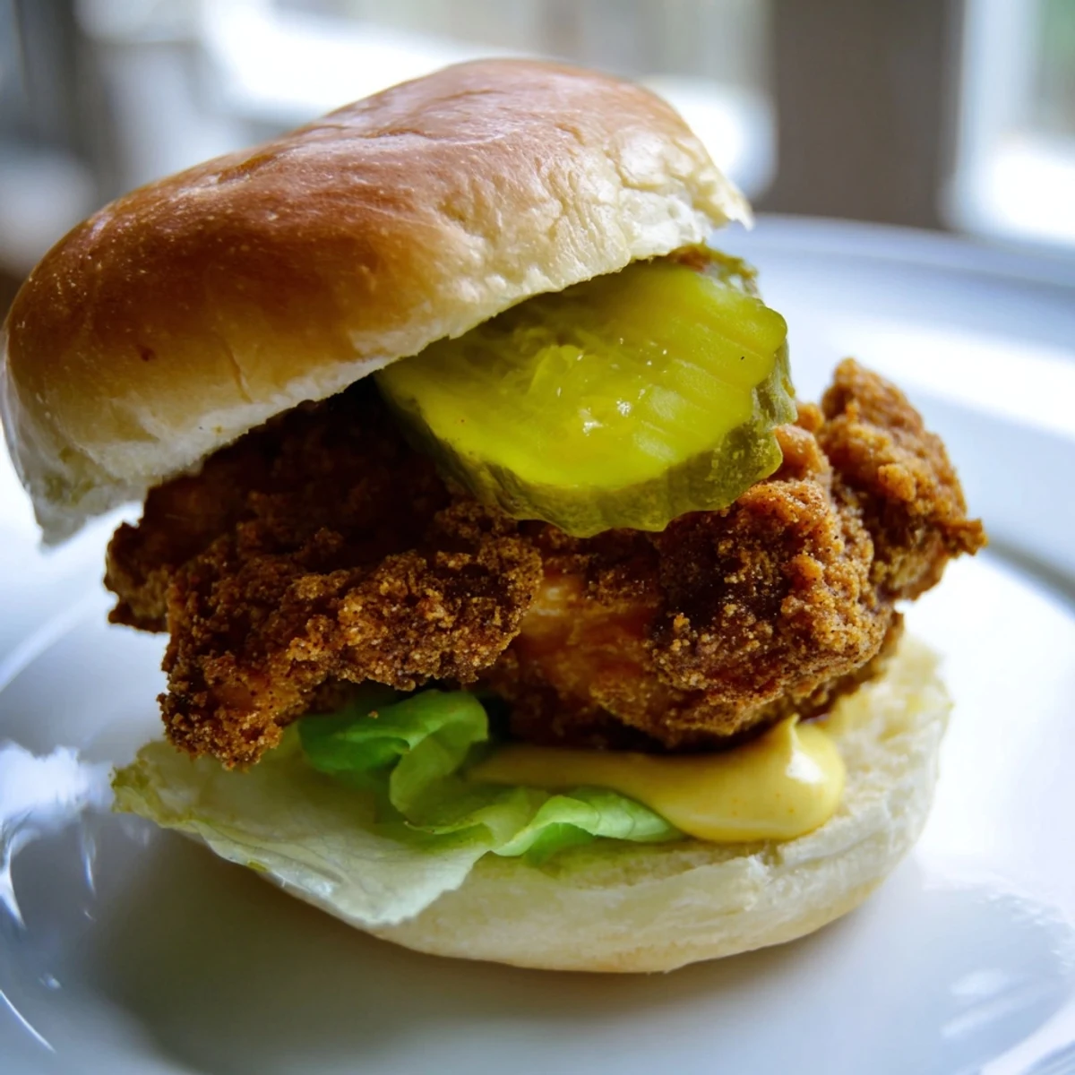 Golden fried pickle brined fried chicken sliders topped with fresh lettuce and dill chips