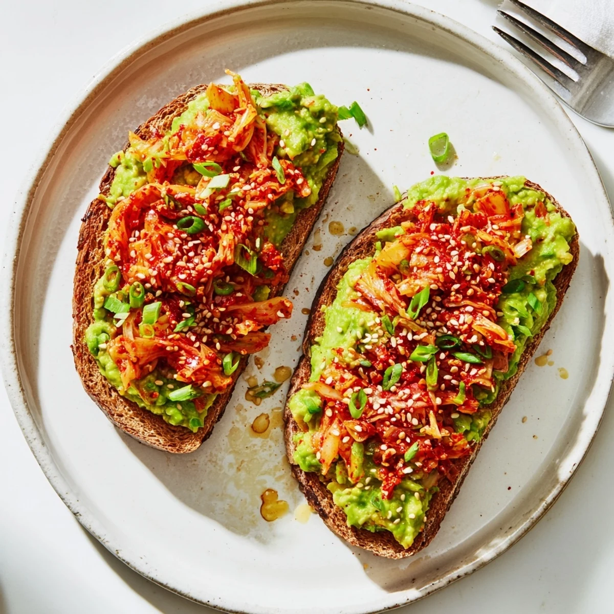 Creamy avocado and spicy kimchi piled high on golden sourdough toast with sesame seeds