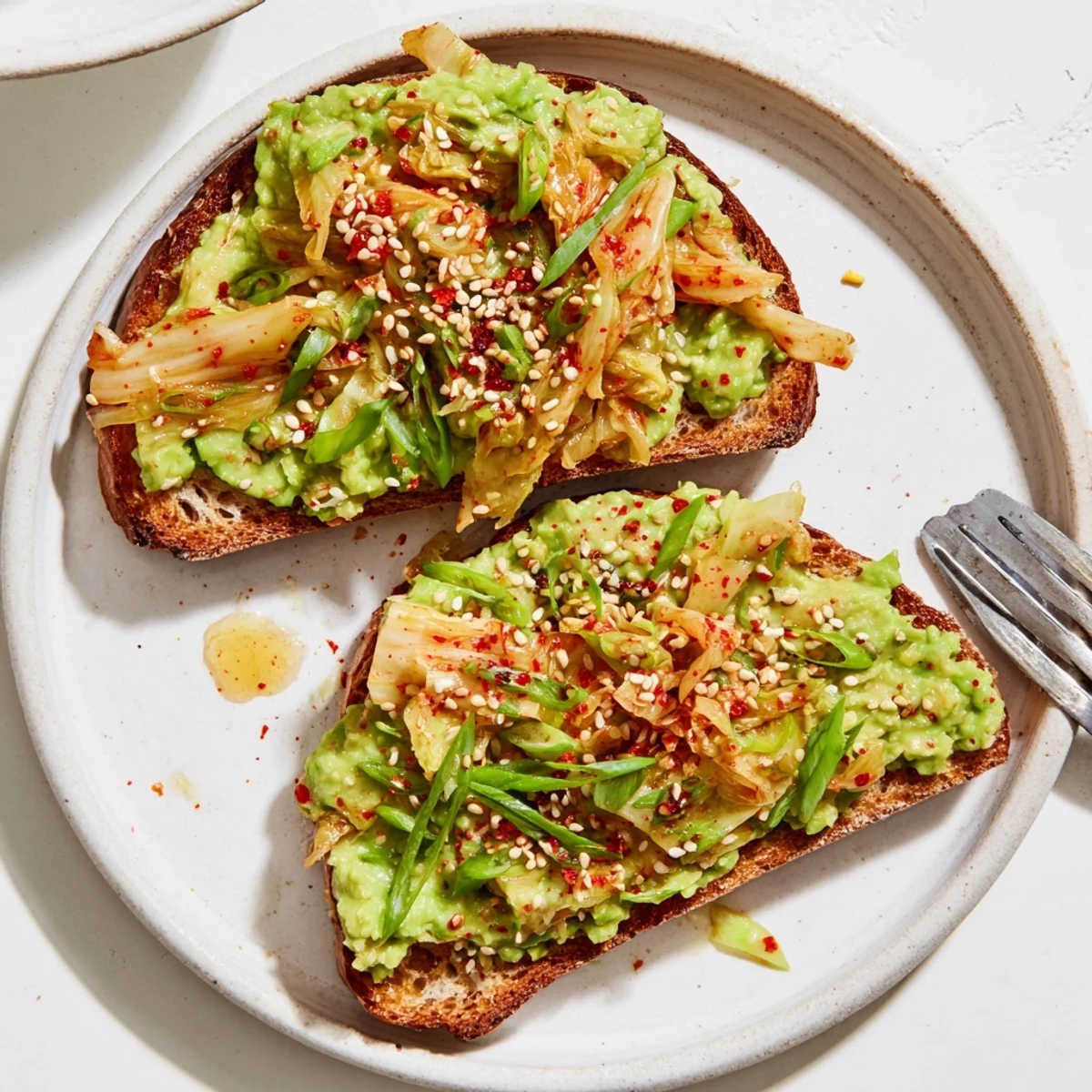 Kimchi avocado toast garnished with green onions and red pepper flakes on rustic bread