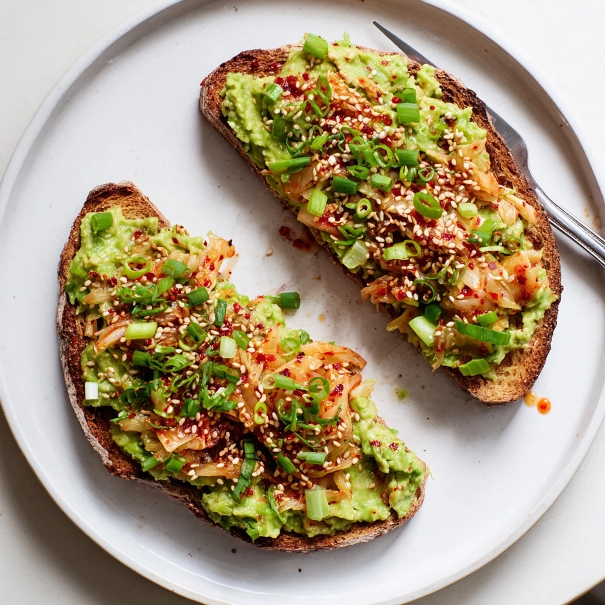Vibrant Korean-inspired kimchi avocado toast served on crusty bread for a quick breakfast