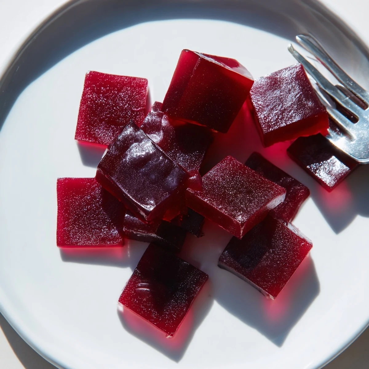 Glossy collagen fruit jellies in vibrant jewel-toned squares dusted with cornstarch on a marble surface