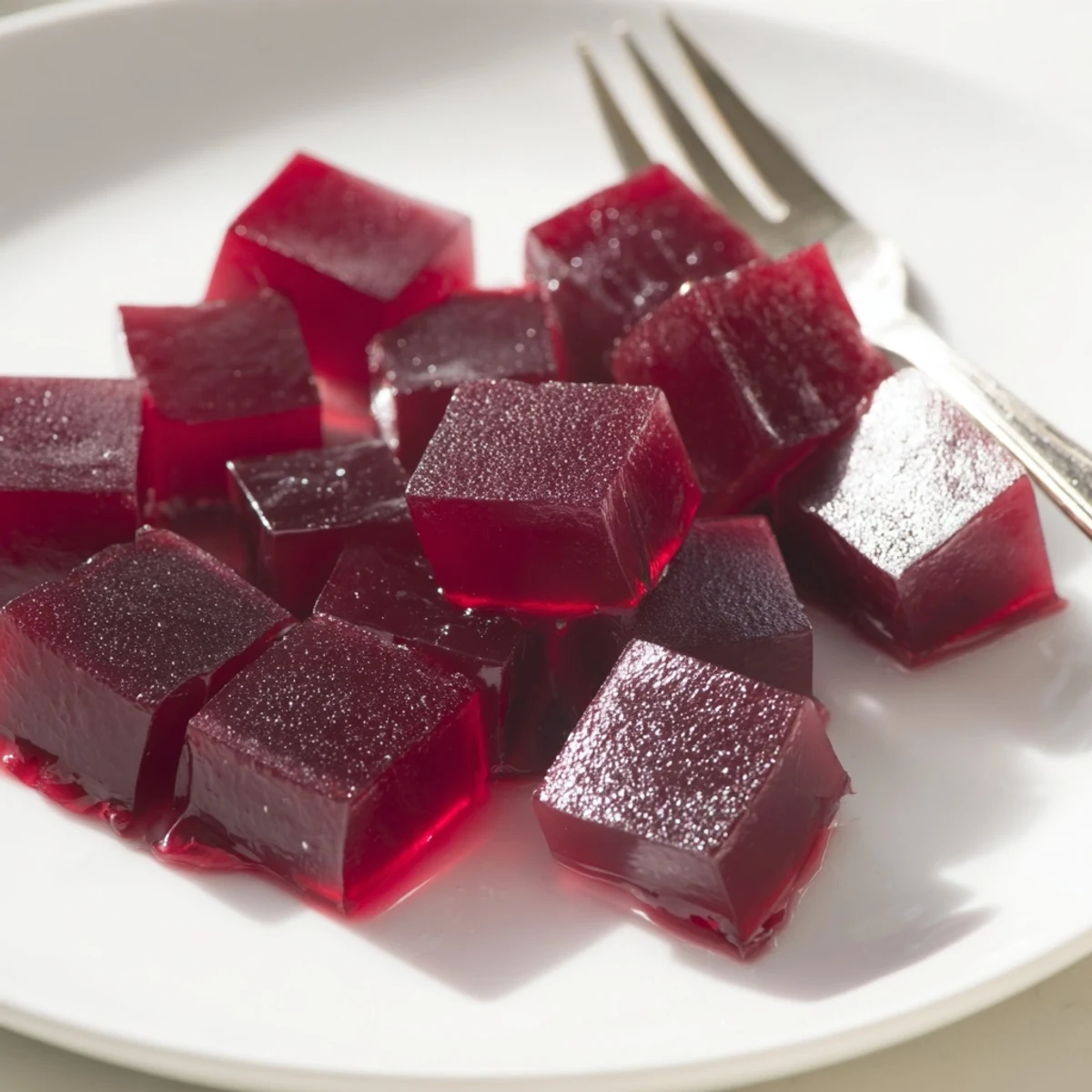 Sparkling homemade collagen fruit jellies arranged on a parchment-lined plate with fresh berries beside them