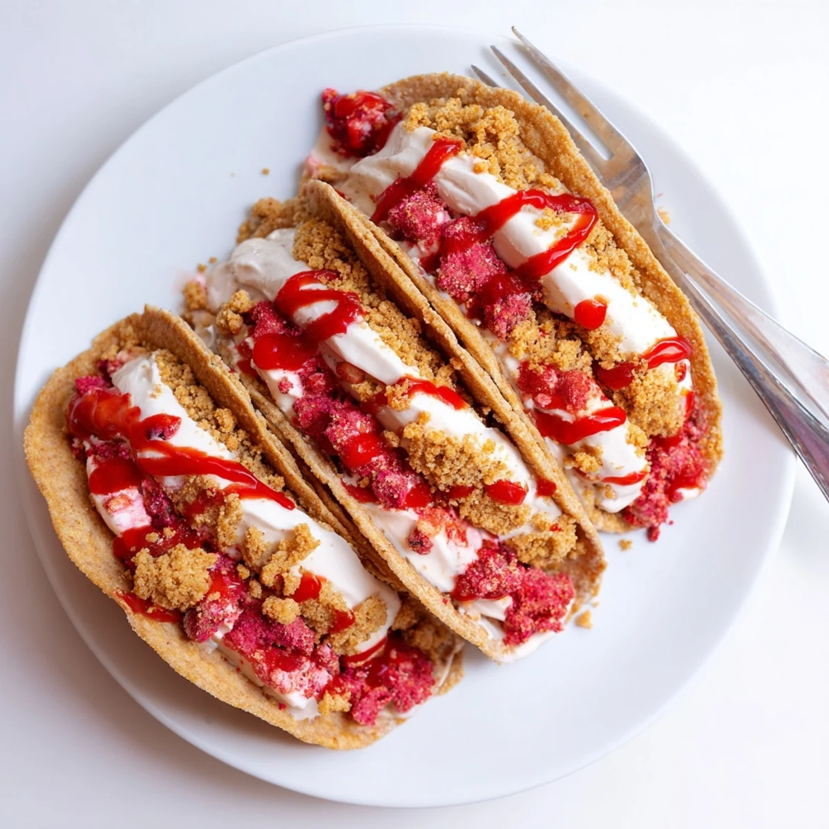 Crispy cinnamon-sugar taco shells filled with creamy strawberry crunch cheesecake tacos on a platter