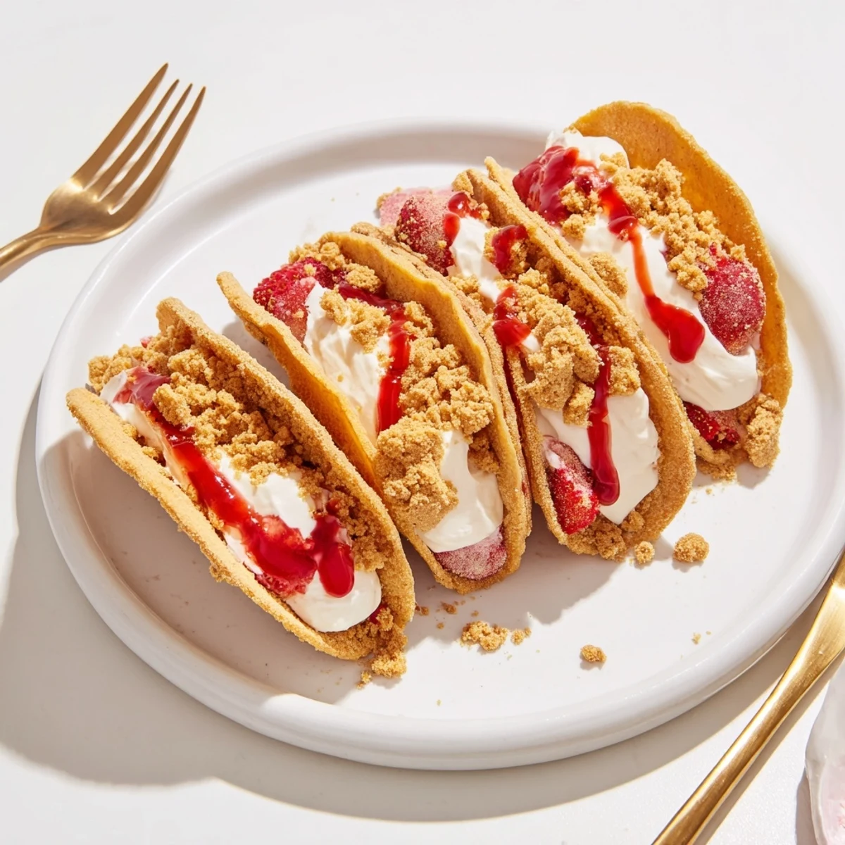 Golden strawberry crunch cheesecake tacos drizzled with berry sauce and topped with cookie crumbs