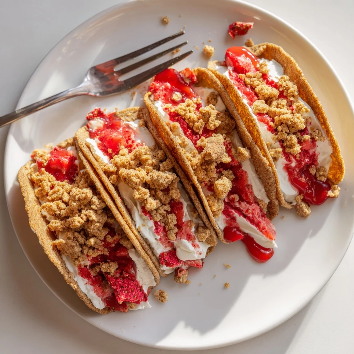 Creamy strawberry crunch cheesecake tacos with crunchy red topping served fresh for a party dessert
