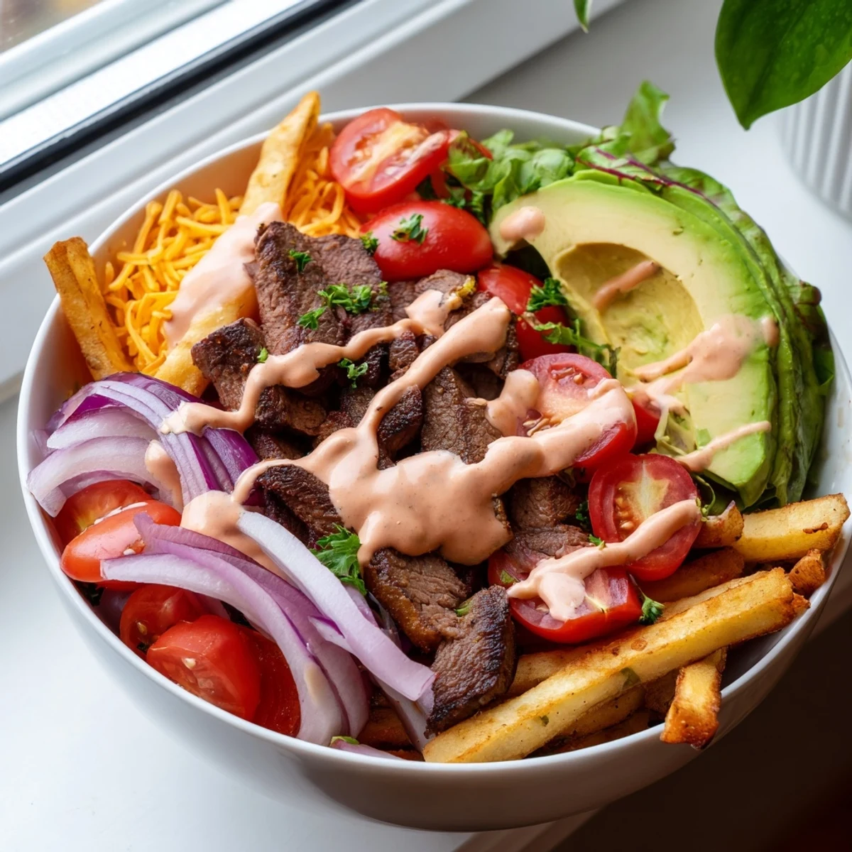 Juicy steak strips and crispy fries bowl drizzled with smoky paprika sauce and melted cheddar