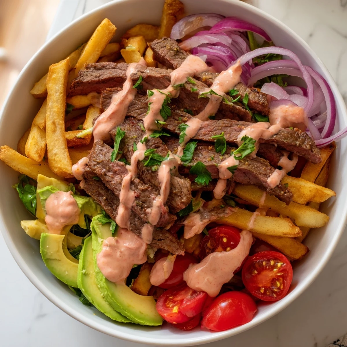 Golden crispy fries topped with seared steak strips, crisp greens, and a creamy red sauce
