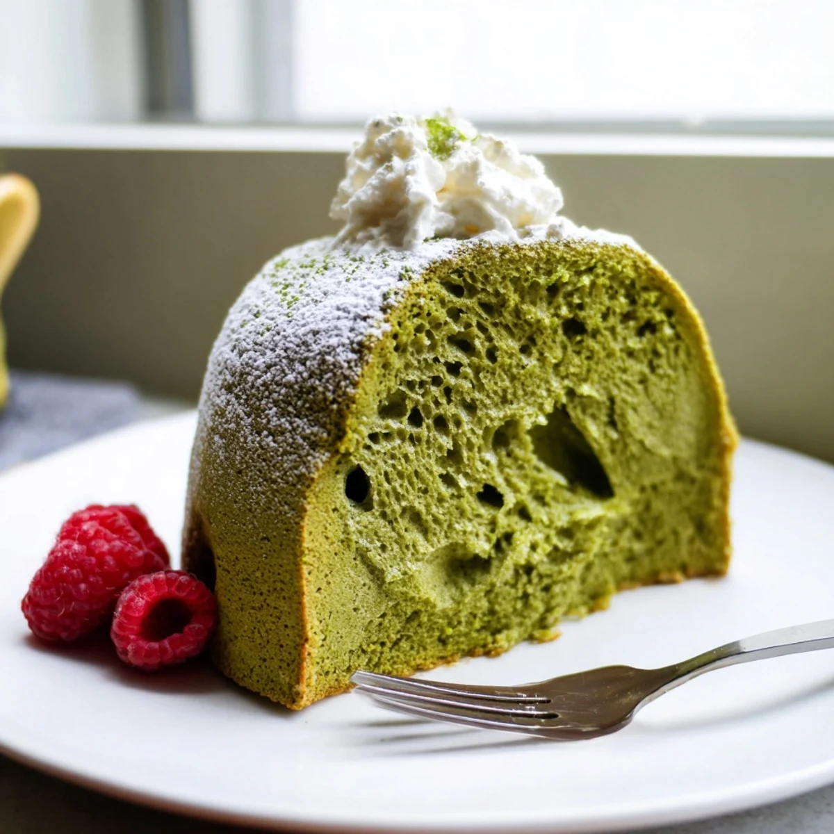A slice of matcha cake topped with fresh berries and powdered sugar on a white plate.