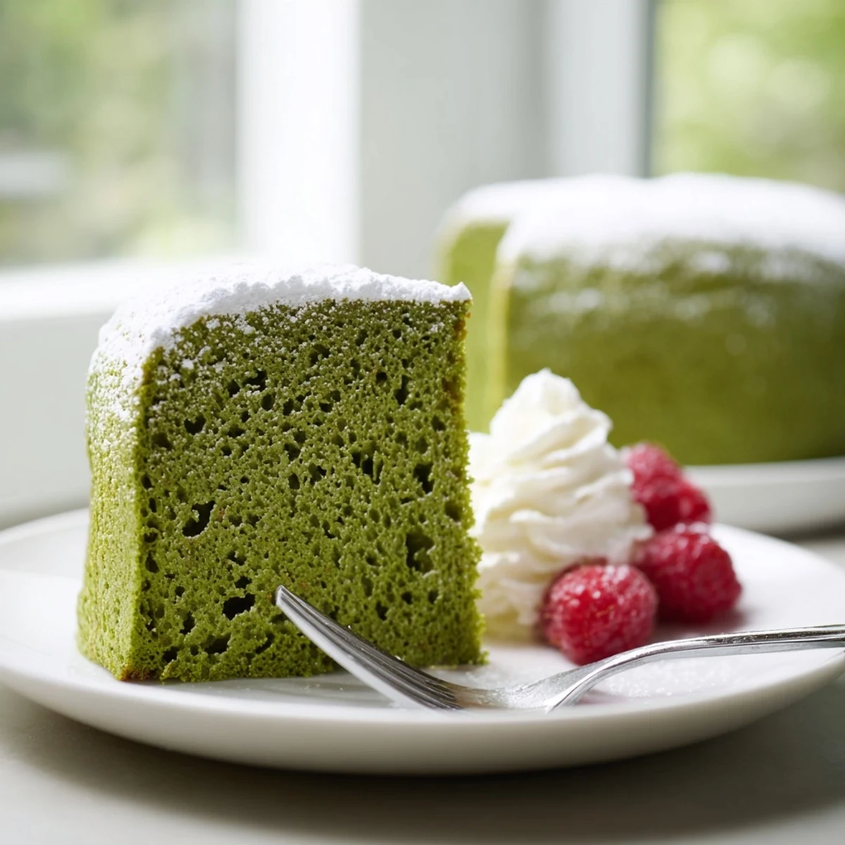 Warm matcha cake cooling on a wire rack with a golden green crumb and soft interior.