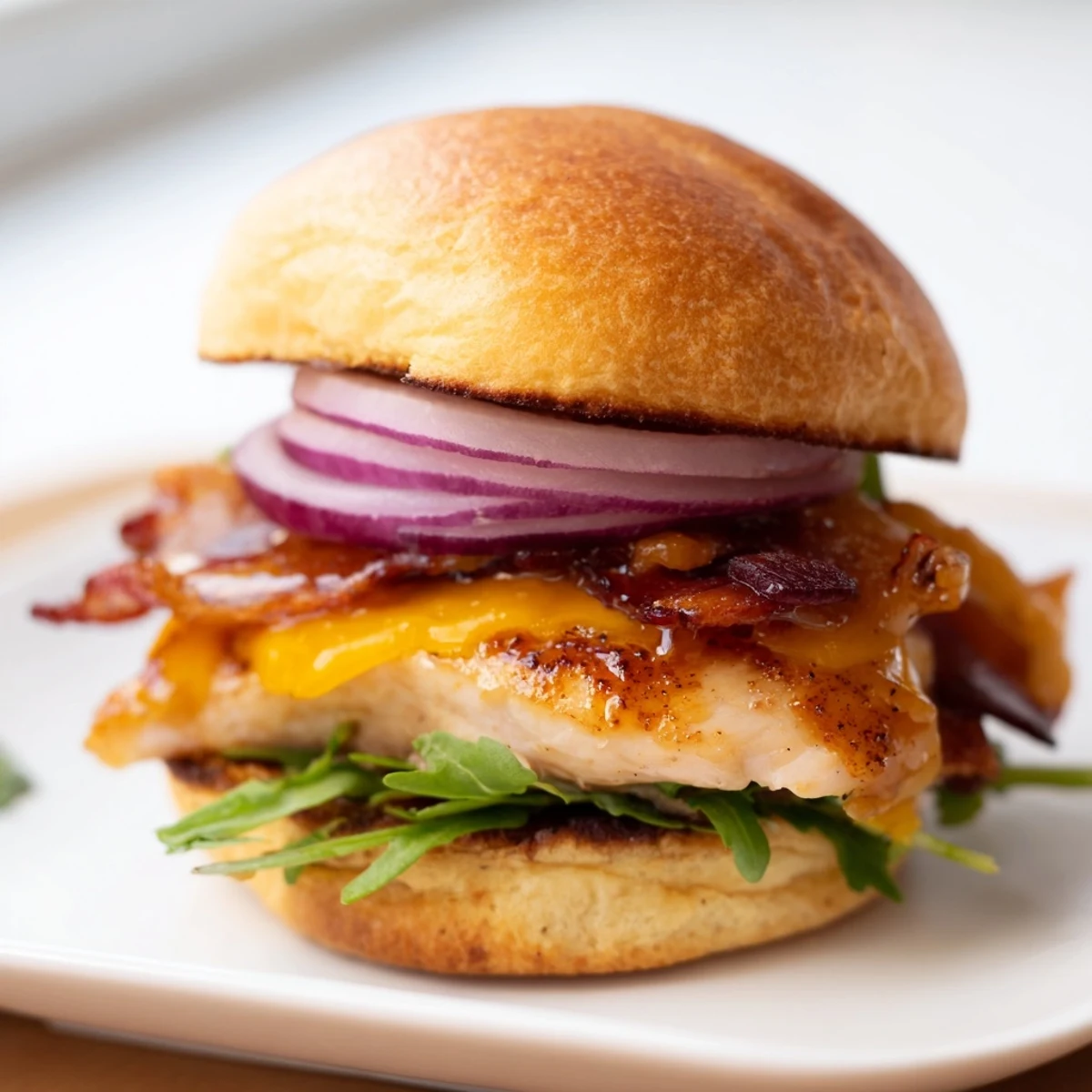 Golden maple chicken bacon sliders stacked on toasted buns with melted cheddar and fresh arugula