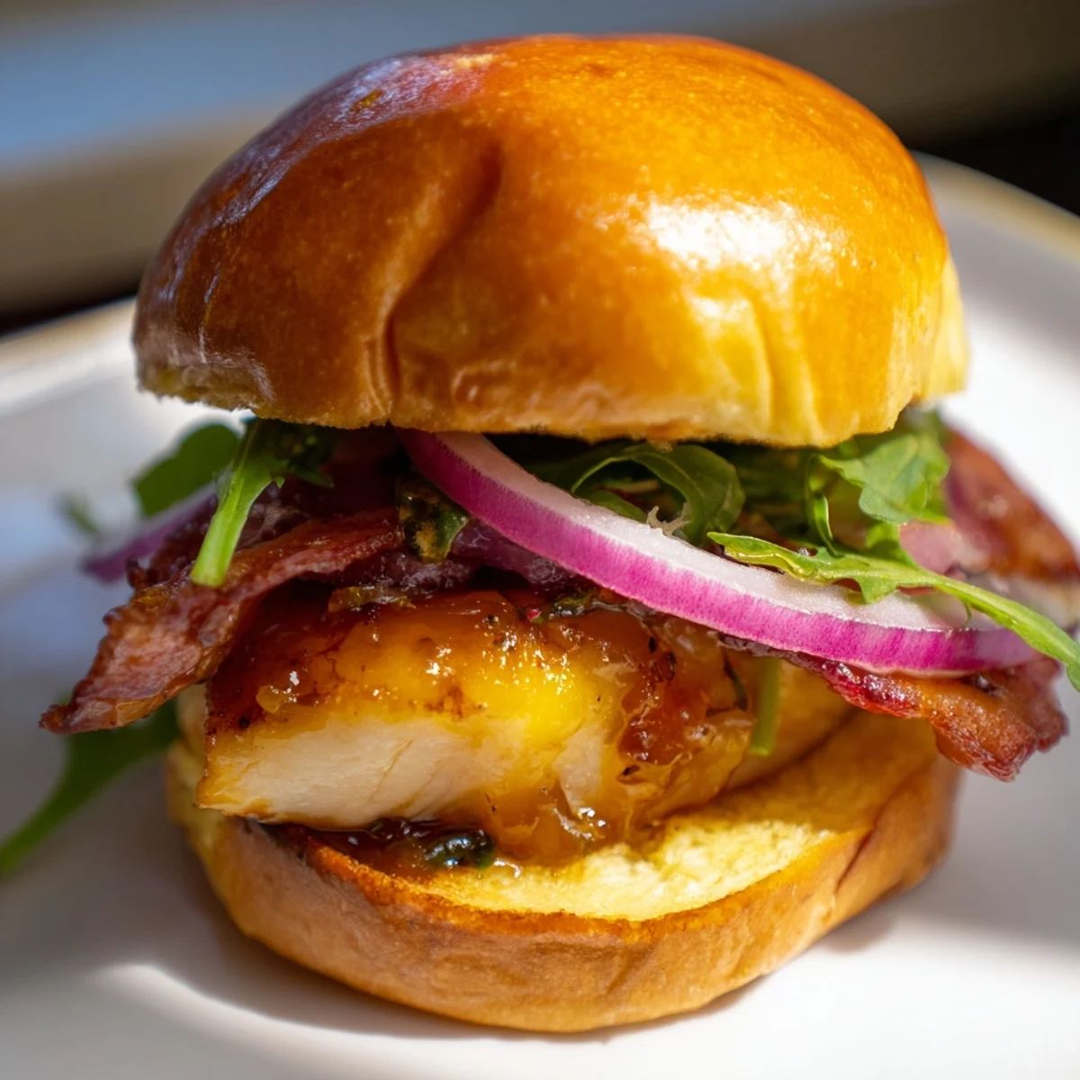 Crispy bacon and juicy maple glazed chicken sliders topped with red onion on buttery buns