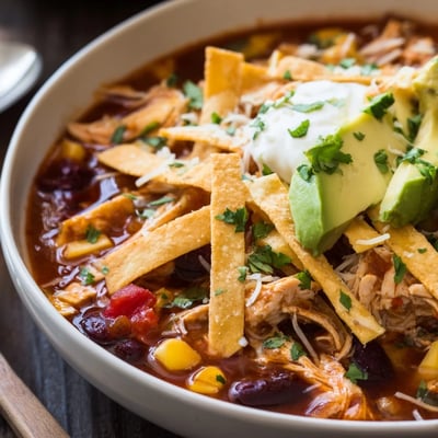 A steaming bowl of Chicken Tortilla Soup with Crispy Strips topped with cheese and lime wedges on a rustic table.