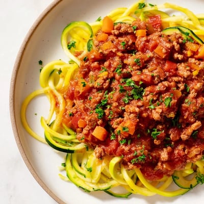 A hearty bowl of turkey Bolognese sauce ladled over spiralized zucchini noodles for a low-carb Italian meal.