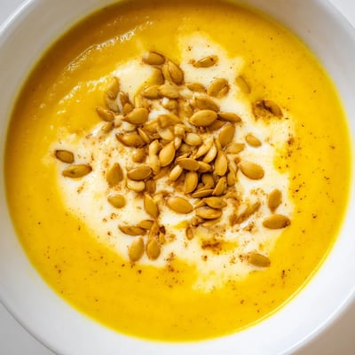 A warm bowl of Creamy Pumpkin Soup with Toasted Pumpkin Seeds topped with olive oil drizzle and fresh herbs.