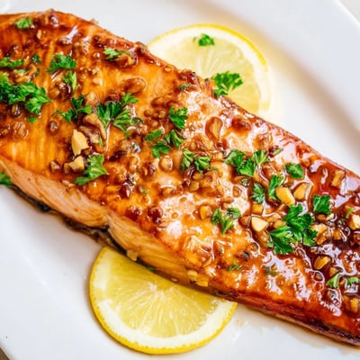 Tender flaky salmon topped with a sweet and savory glaze, served hot on a baking sheet ready to be enjoyed.