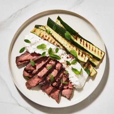 Sliced balsamic flank steak arranged over grilled zucchini, garnished with fresh herbs and balsamic drizzle.
