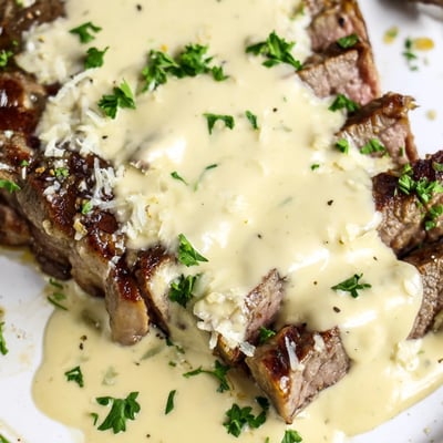 In a cast iron skillet, Juicy Steak With Creamy Garlic Sauce simmers beside seared steak slices ready to serve.