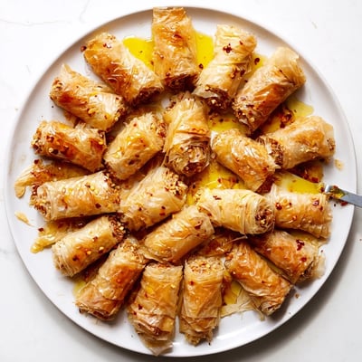 Crisp phyllo layers reveal creamy feta and herbs in Oven Fried Feta Rolls with Spicy Chili Honey.