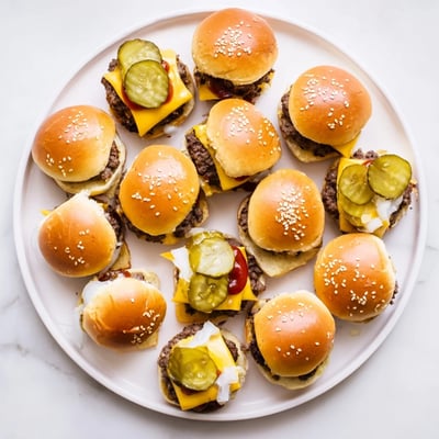 Golden-brown White Trash Sliders topped with ketchup, mustard, and sesame seeds on a platter.