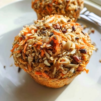 Freshly baked Morning Glory Muffins with shredded carrots and chopped walnuts on a wooden board.