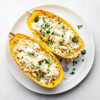 Golden-brown Chicken Alfredo Spaghetti Squash Boats fresh from the oven, garnished with parsley and ready to serve.