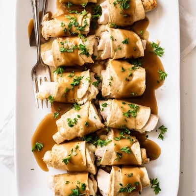 Savory Flavor-Packed Turkey Roll-Ups with Stuffing served on a plate with gravy drizzle and parsley garnish.