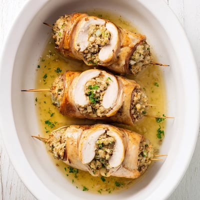 Golden brown Flavor-Packed Turkey Roll Ups with Stuffing garnished with fresh parsley on a rustic wooden board.