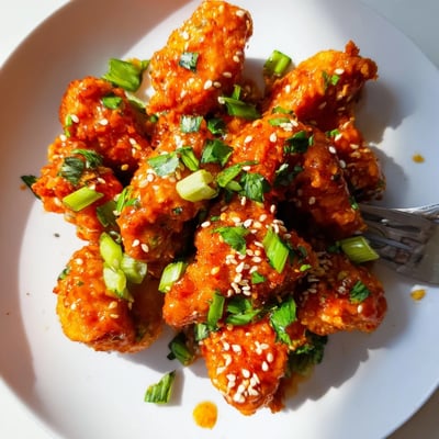 Close-up of tender Quick Low Carb Bang Bang Chicken pieces coated in almond flour, drizzled with tangy Bang Bang sauce and topped with green onions.