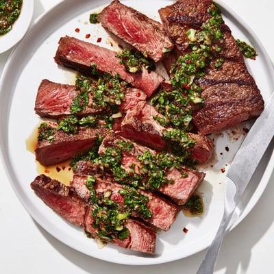 Sliced Chimichurri Steak Recipe on platter, fragrant parsley garlic sauce drizzled