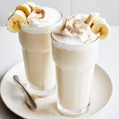 Frothy Vanilla Banana Shake poured from blender into two glasses, breakfast-ready