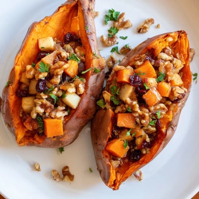 Cinnamon-scented Stuffed Sweet Potatoes With Apples served warm as hearty vegetarian main