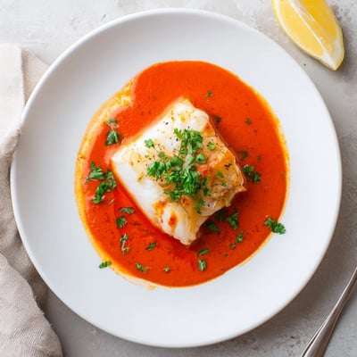 Creamy Cod In Roasted Red Pepper Sauce spooned over steamed rice, parsley