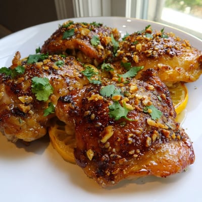 Juicy ginger garlic chicken thighs with glossy browned skin served on a warm platter