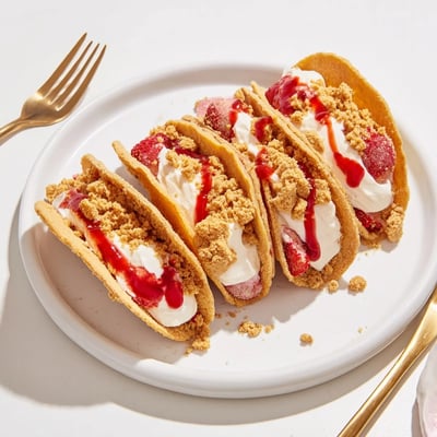 Golden strawberry crunch cheesecake tacos drizzled with berry sauce and topped with cookie crumbs